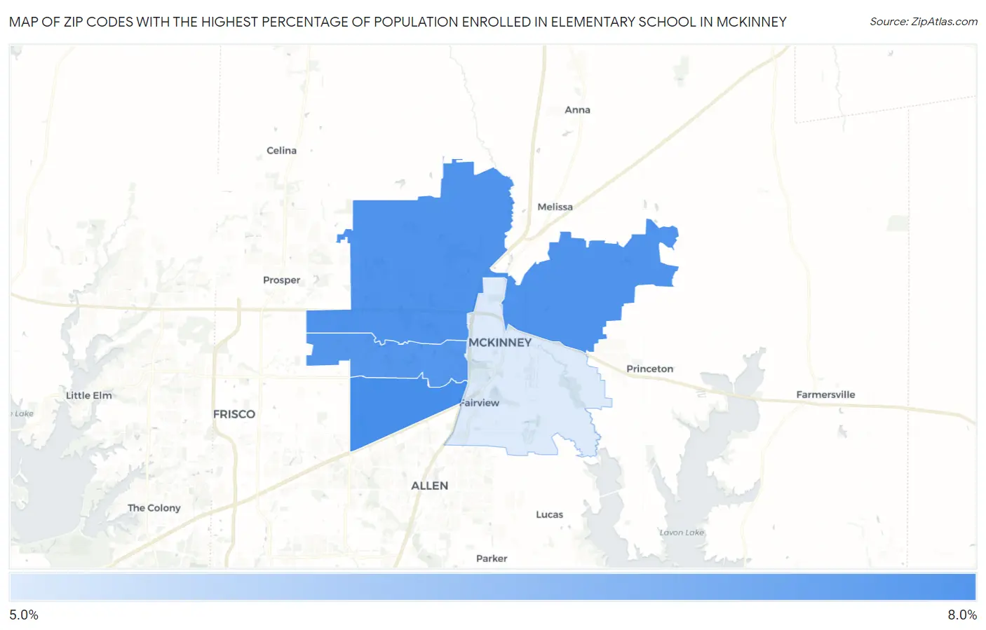 Zip Codes with the Highest Percentage of Population Enrolled in Elementary School in Mckinney Map