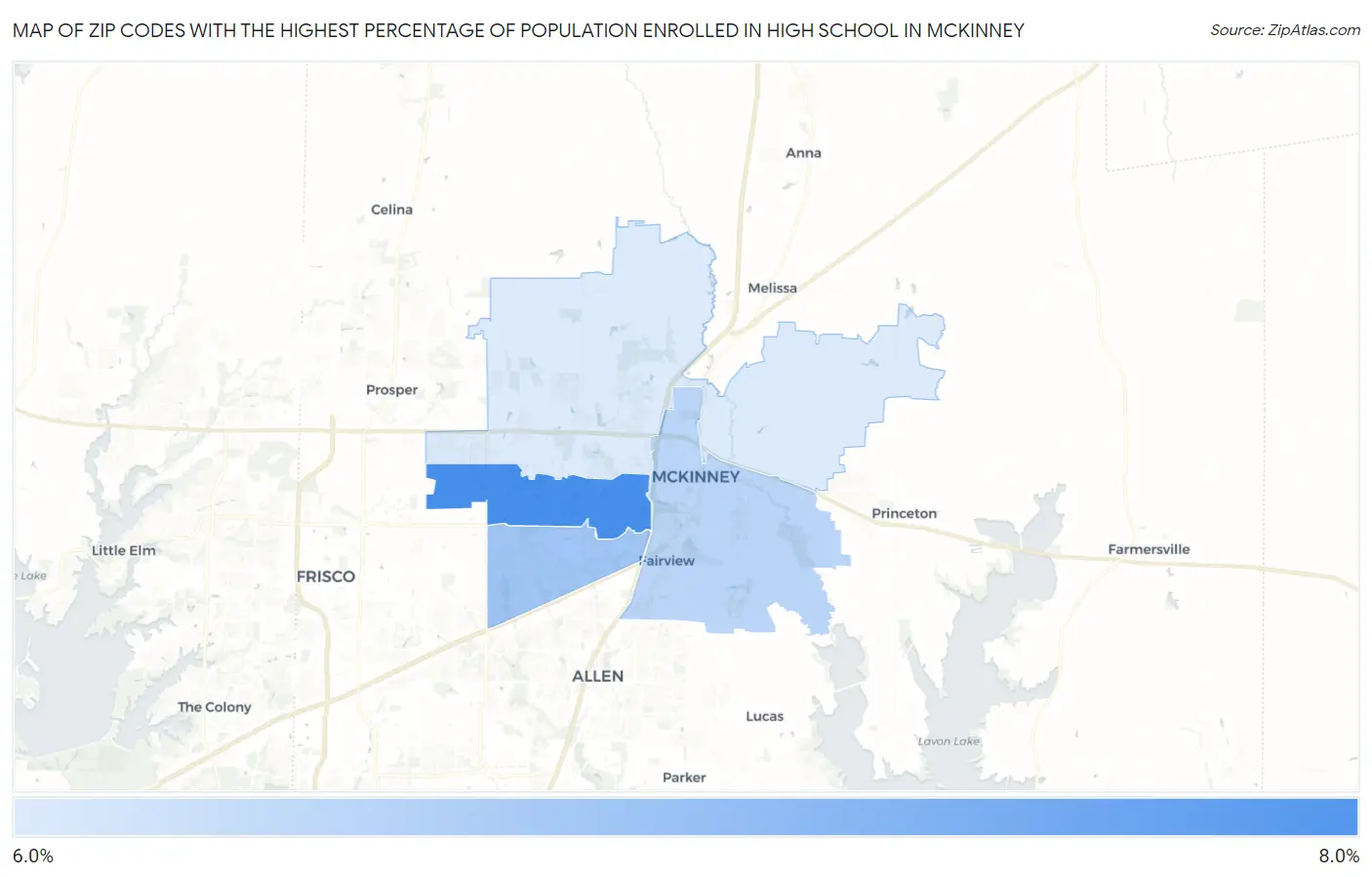 Zip Codes with the Highest Percentage of Population Enrolled in High School in Mckinney Map
