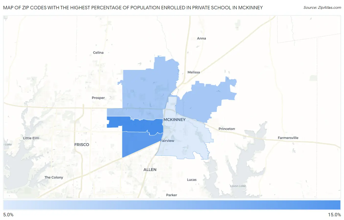 Zip Codes with the Highest Percentage of Population Enrolled in Private School in Mckinney Map