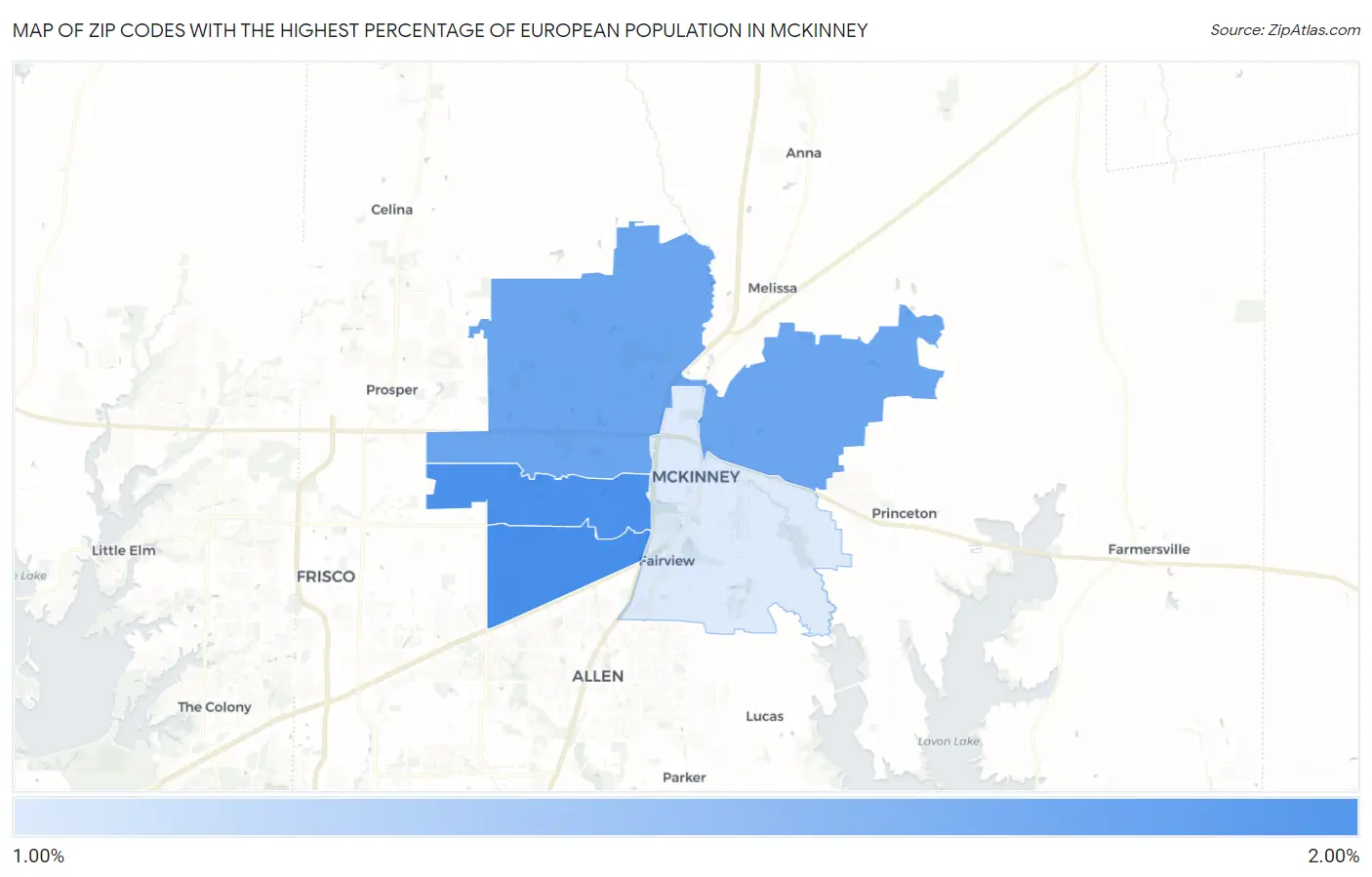 Zip Codes with the Highest Percentage of European Population in Mckinney Map