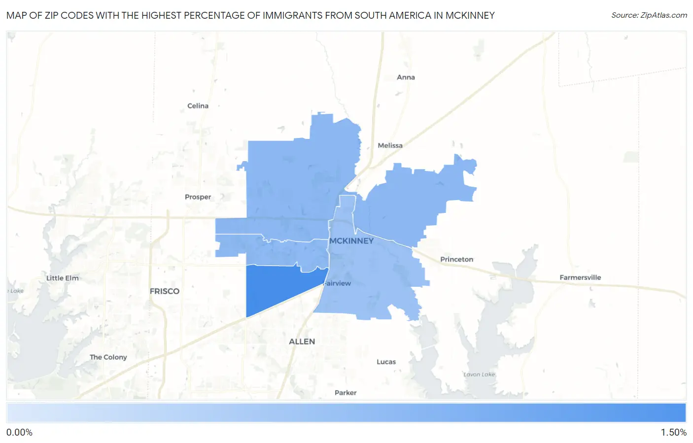 Zip Codes with the Highest Percentage of Immigrants from South America in Mckinney Map