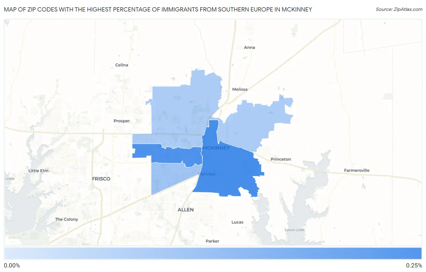 Zip Codes with the Highest Percentage of Immigrants from Southern Europe in Mckinney Map