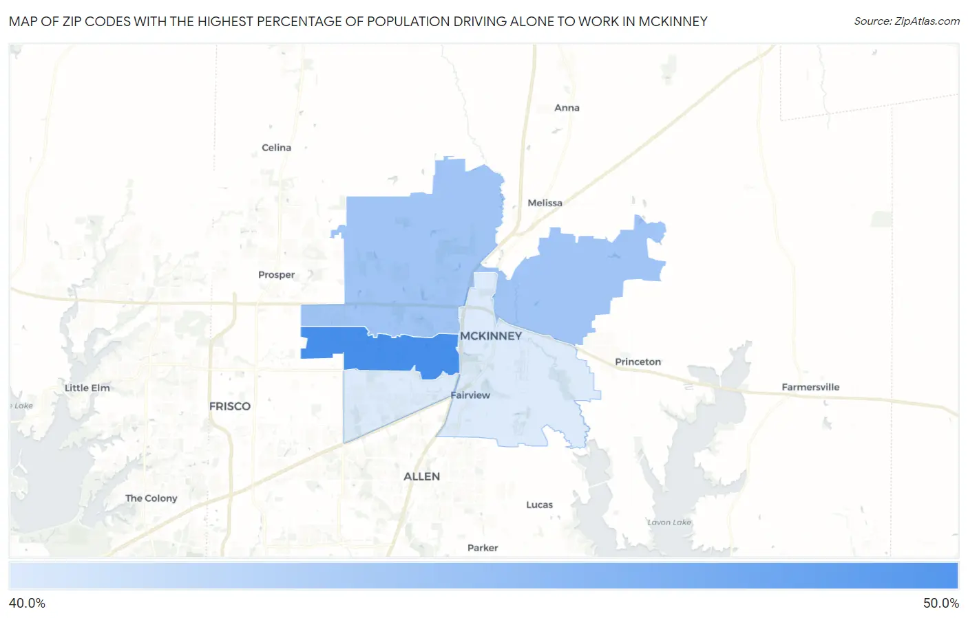 Zip Codes with the Highest Percentage of Population Driving Alone to Work in Mckinney Map