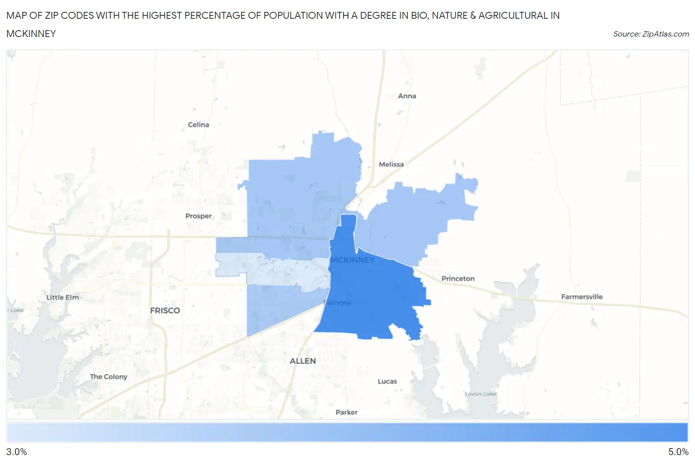 Zip Codes with the Highest Percentage of Population with a Degree in Bio, Nature & Agricultural in Mckinney Map