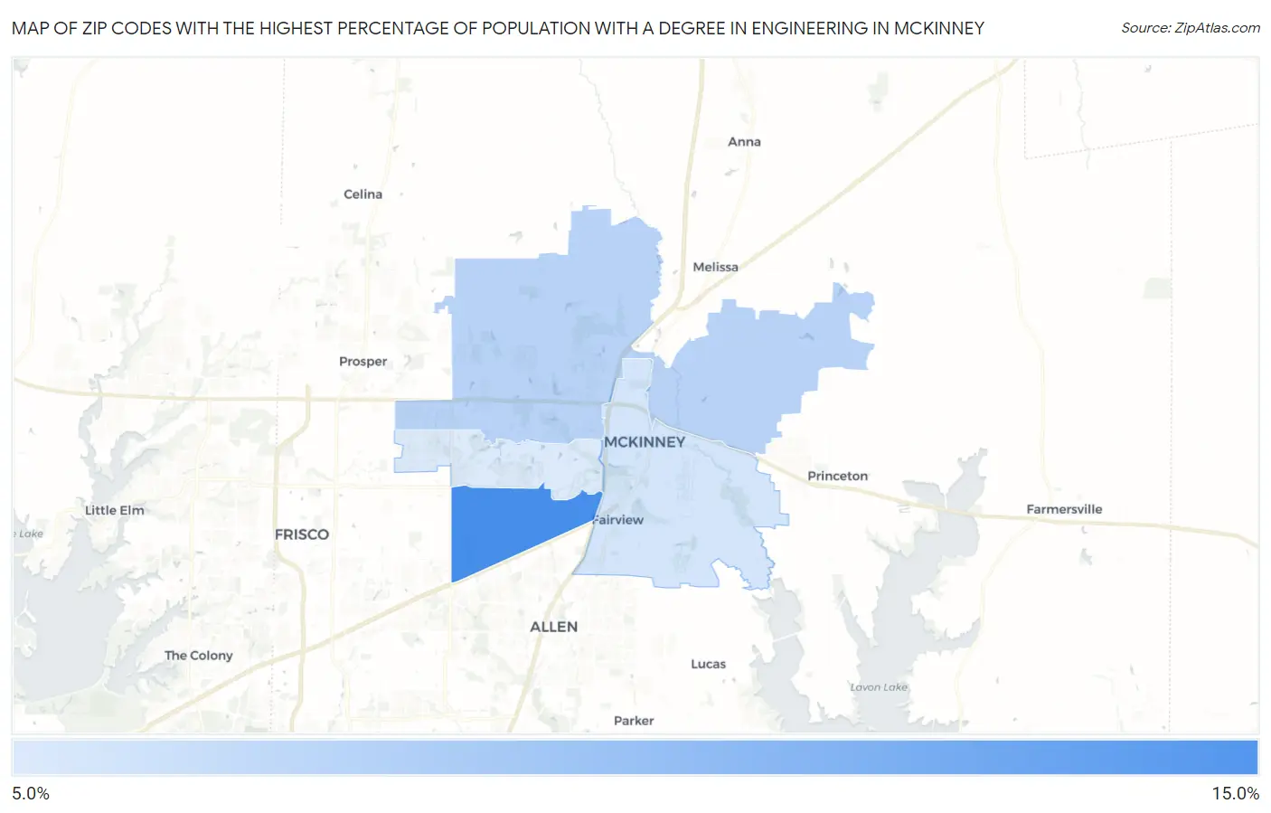 Zip Codes with the Highest Percentage of Population with a Degree in Engineering in Mckinney Map
