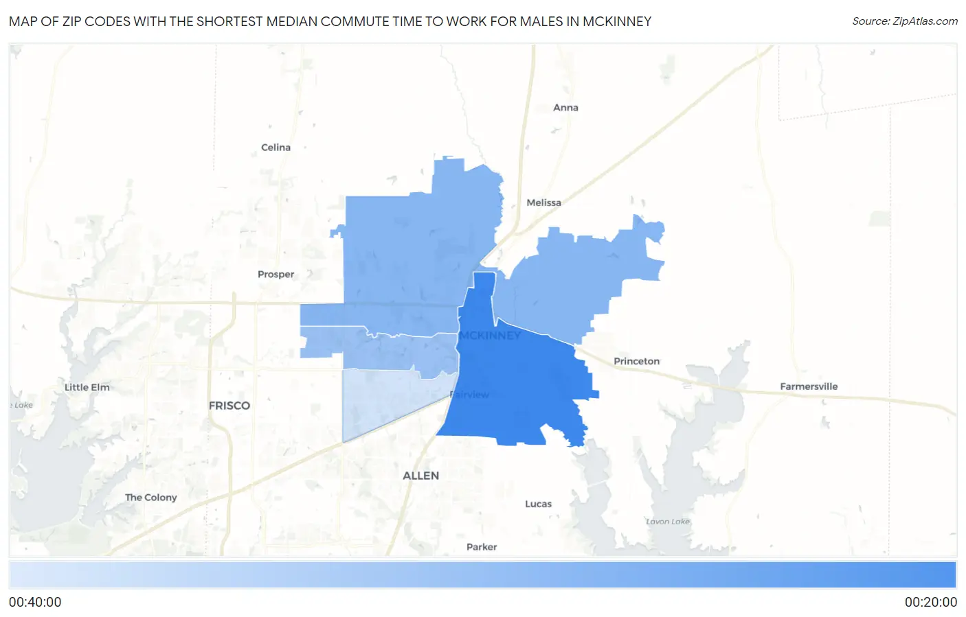 Zip Codes with the Shortest Median Commute Time to Work for Males in Mckinney Map