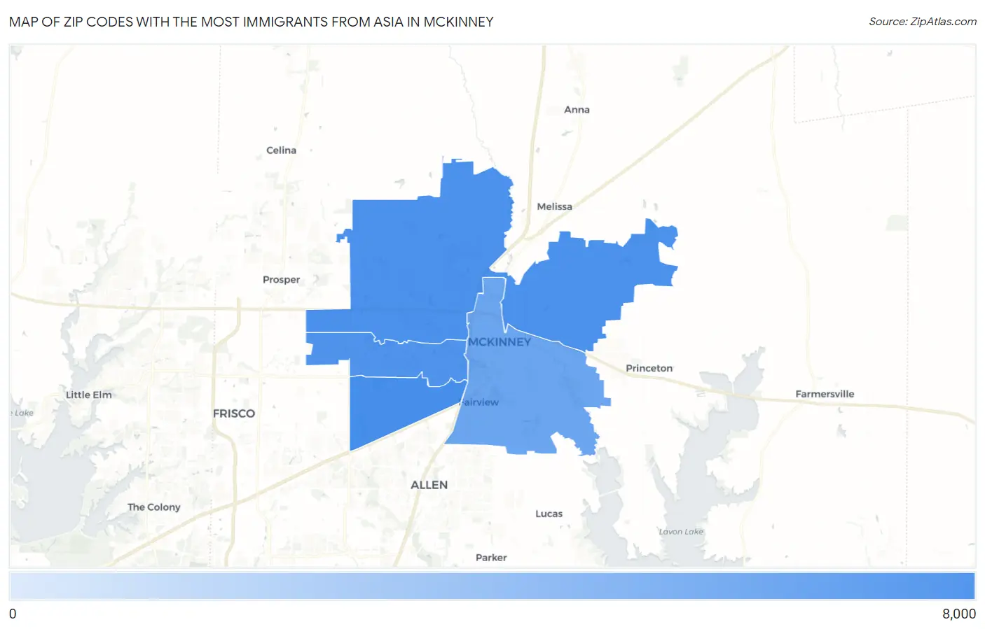 Zip Codes with the Most Immigrants from Asia in Mckinney Map