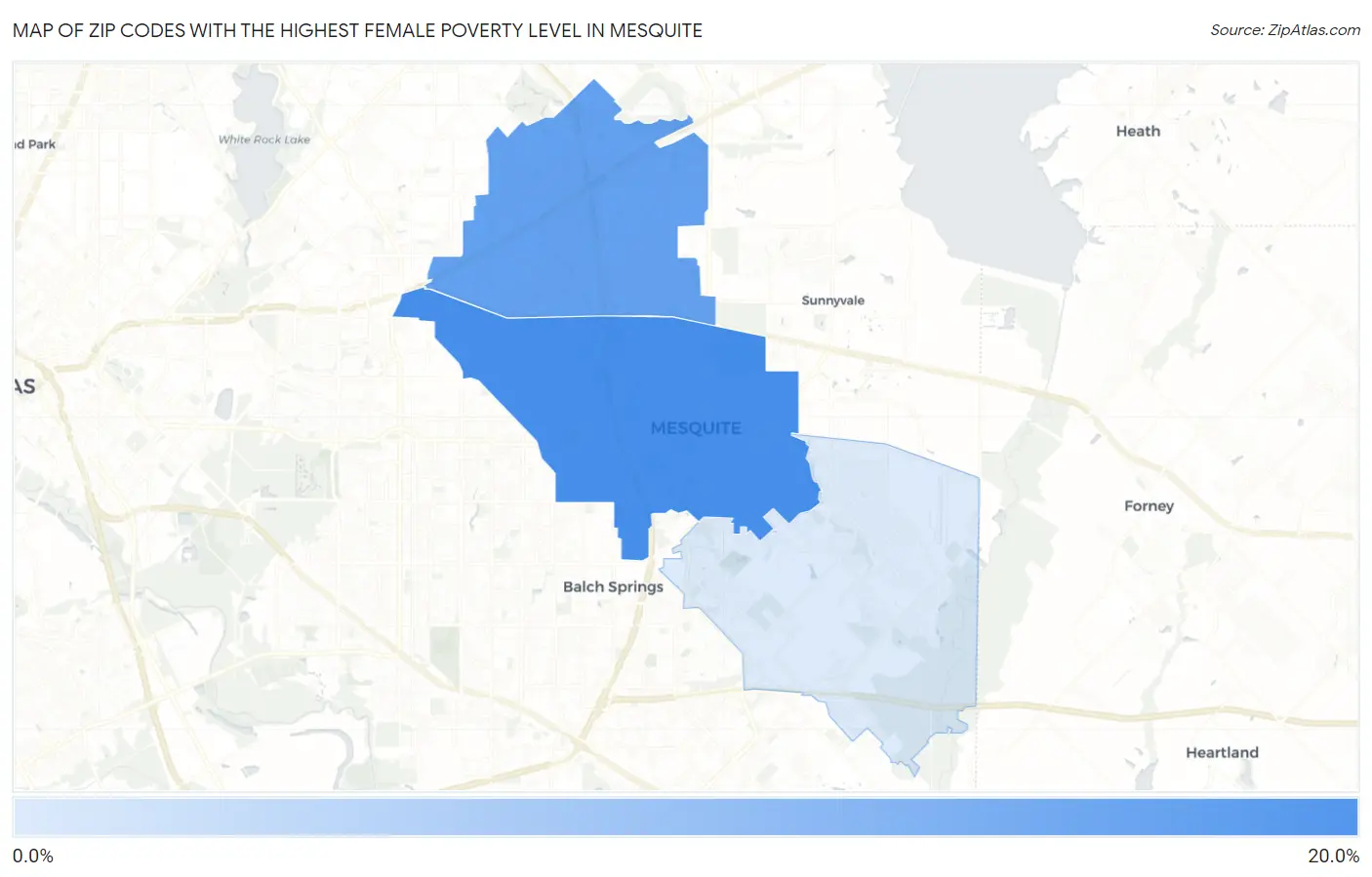 Zip Codes with the Highest Female Poverty Level in Mesquite Map