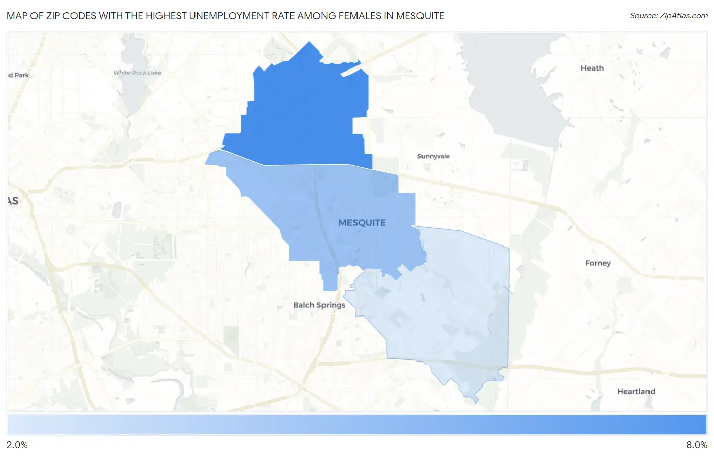 Zip Codes with the Highest Unemployment Rate Among Females in Mesquite Map