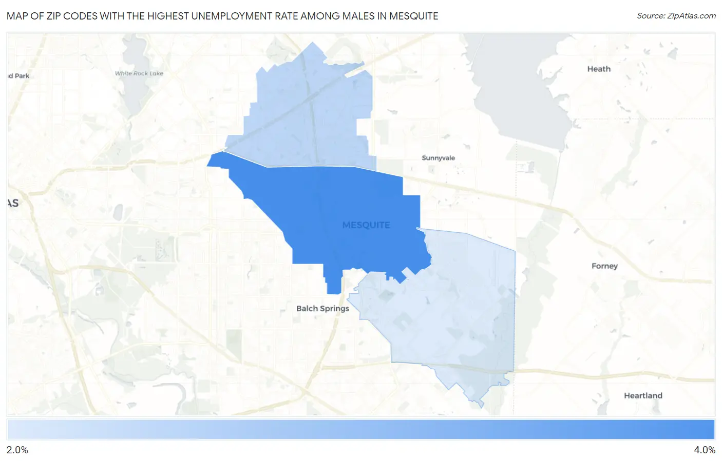 Zip Codes with the Highest Unemployment Rate Among Males in Mesquite Map
