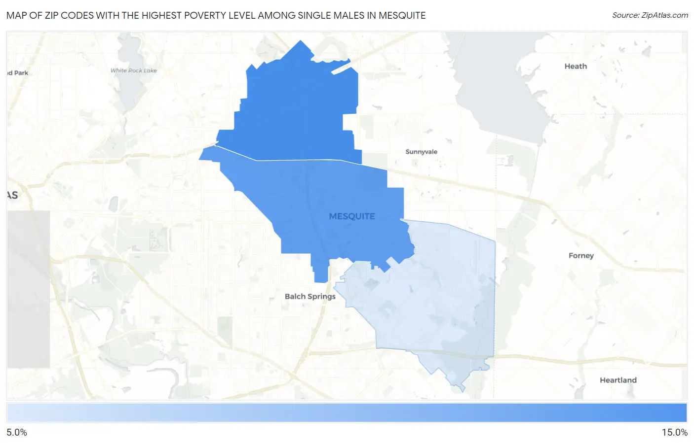Zip Codes with the Highest Poverty Level Among Single Males in Mesquite Map