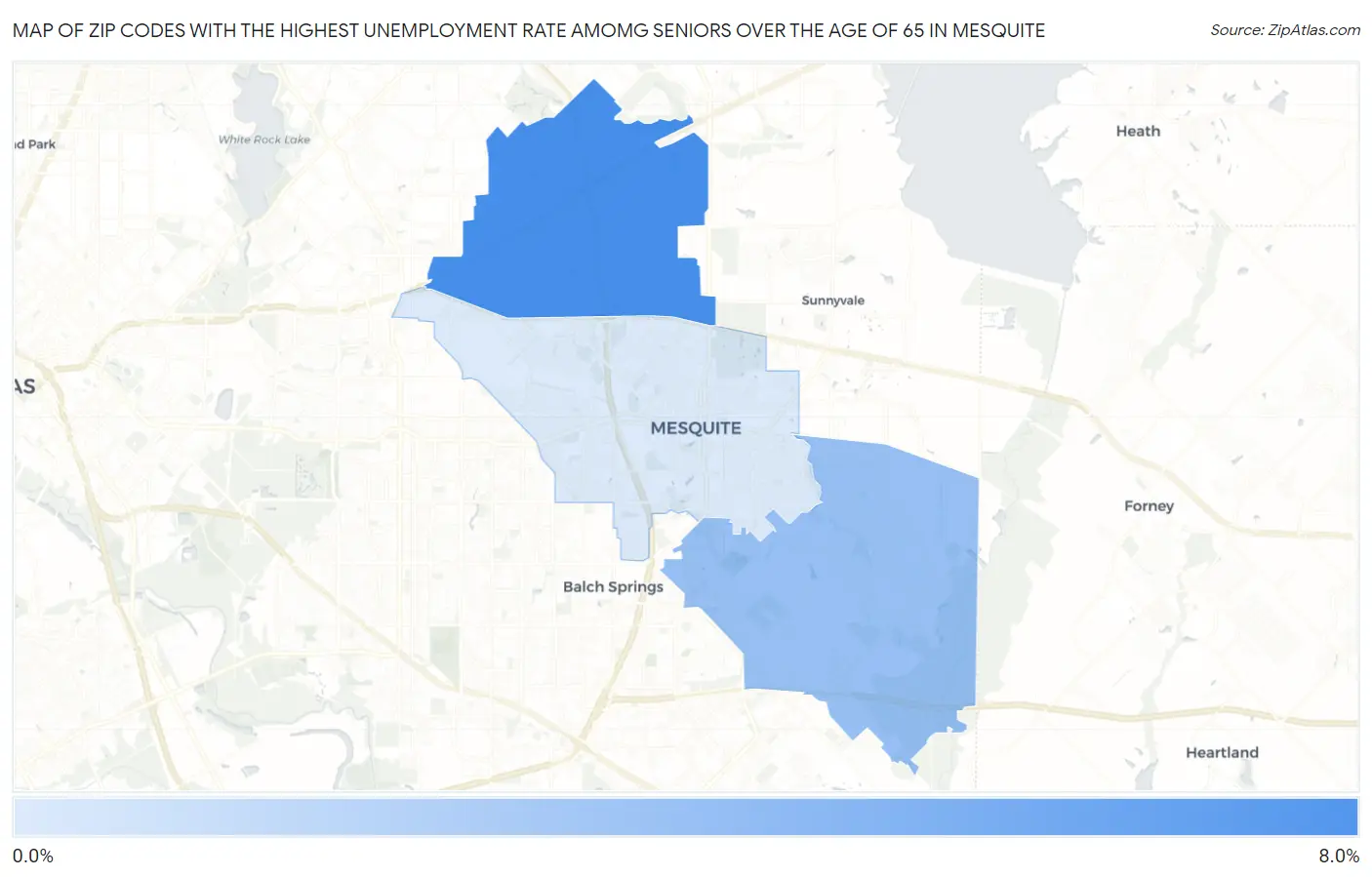 Zip Codes with the Highest Unemployment Rate Amomg Seniors Over the Age of 65 in Mesquite Map