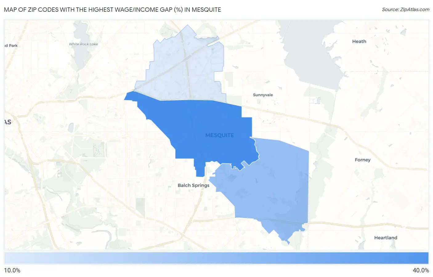 Zip Codes with the Highest Wage/Income Gap (%) in Mesquite Map
