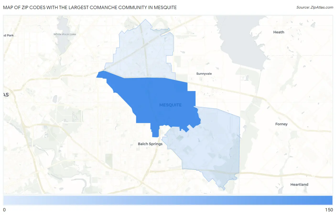 Zip Codes with the Largest Comanche Community in Mesquite Map
