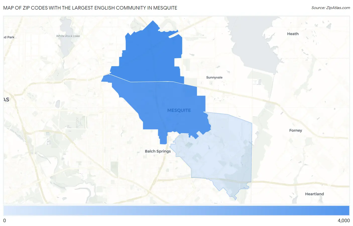 Zip Codes with the Largest English Community in Mesquite Map