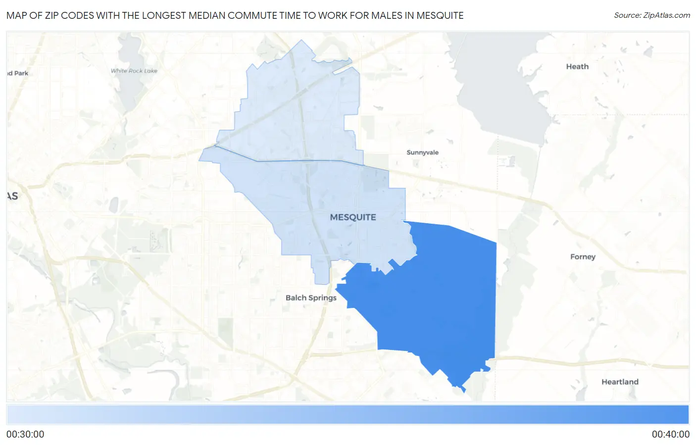 Zip Codes with the Longest Median Commute Time to Work for Males in Mesquite Map