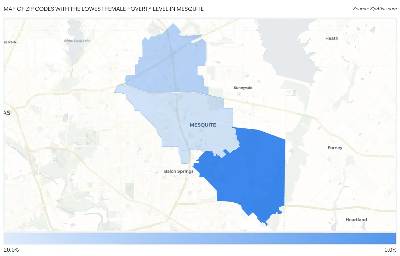 Zip Codes with the Lowest Female Poverty Level in Mesquite Map