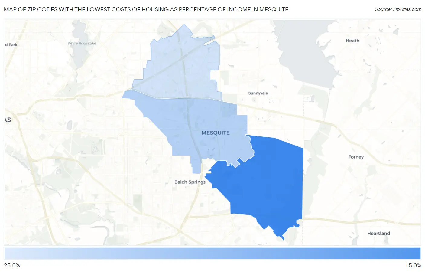 Zip Codes with the Lowest Costs of Housing as Percentage of Income in Mesquite Map