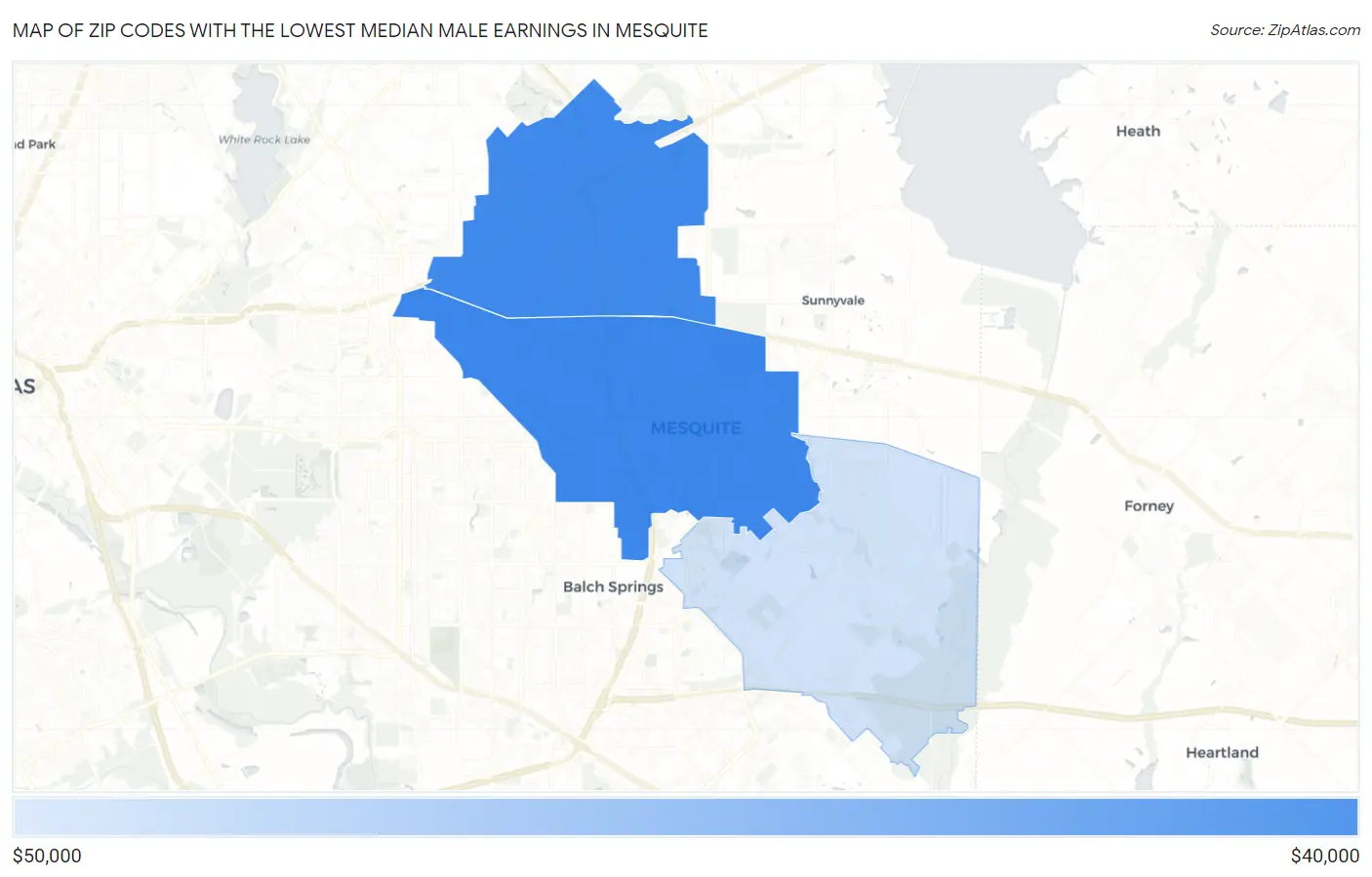 Zip Codes with the Lowest Median Male Earnings in Mesquite Map