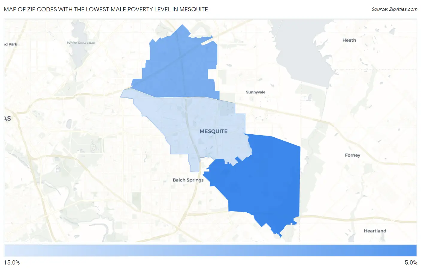 Zip Codes with the Lowest Male Poverty Level in Mesquite Map