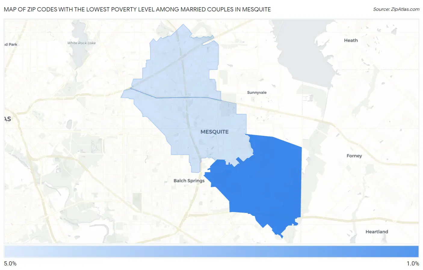 Zip Codes with the Lowest Poverty Level Among Married Couples in Mesquite Map