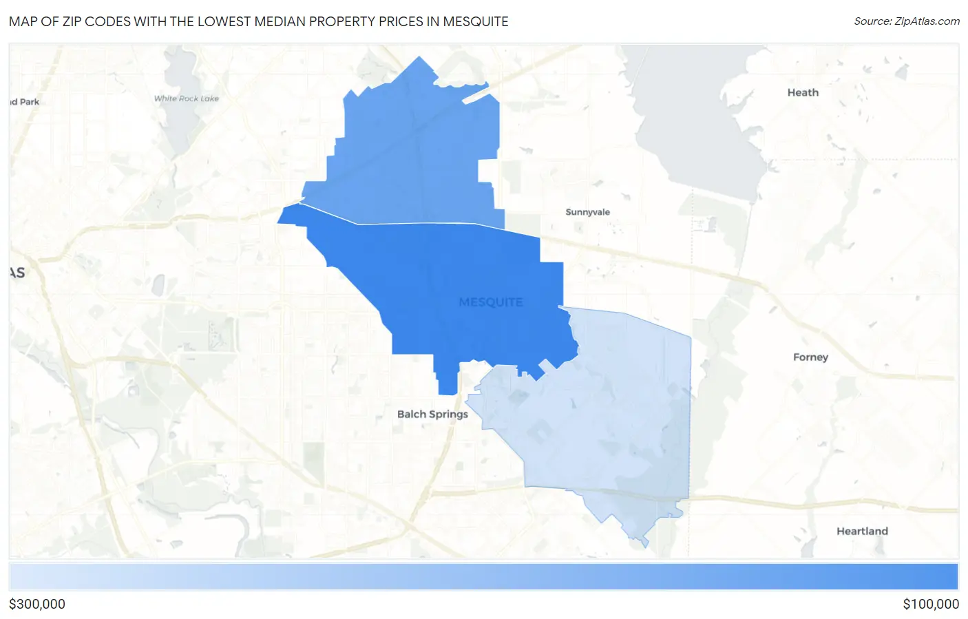 Zip Codes with the Lowest Median Property Prices in Mesquite Map