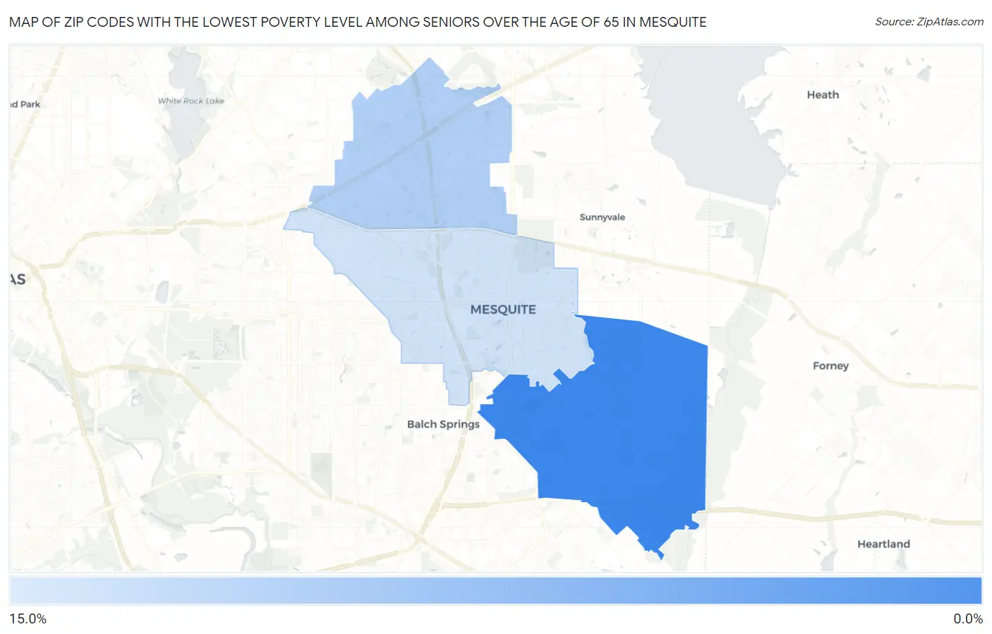 Zip Codes with the Lowest Poverty Level Among Seniors Over the Age of 65 in Mesquite Map