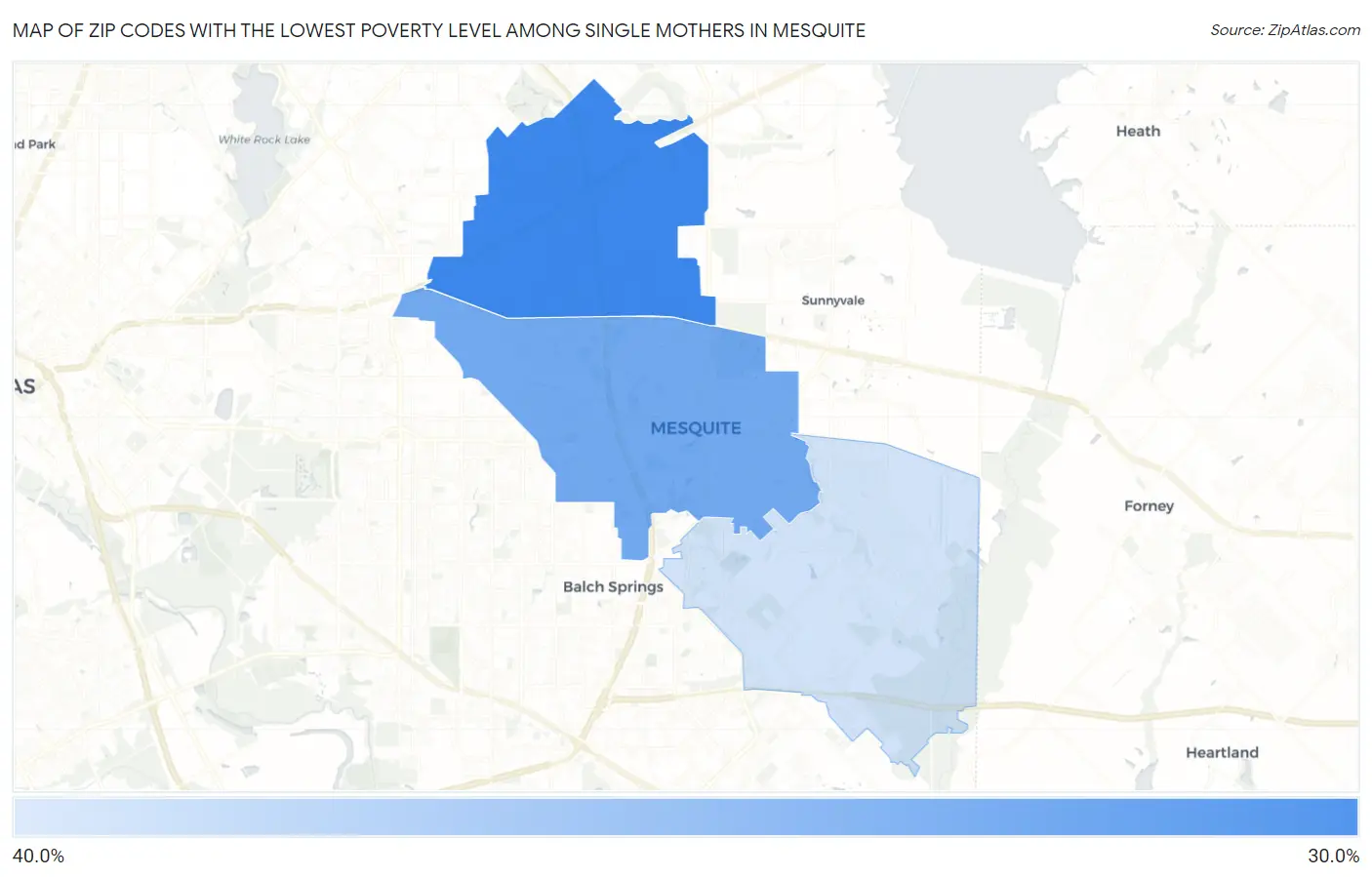Zip Codes with the Lowest Poverty Level Among Single Mothers in Mesquite Map