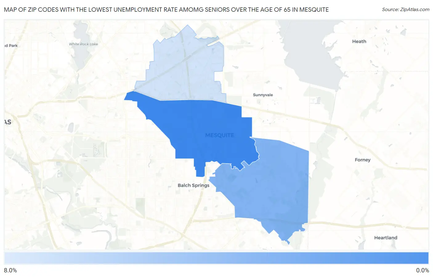 Zip Codes with the Lowest Unemployment Rate Amomg Seniors Over the Age of 65 in Mesquite Map