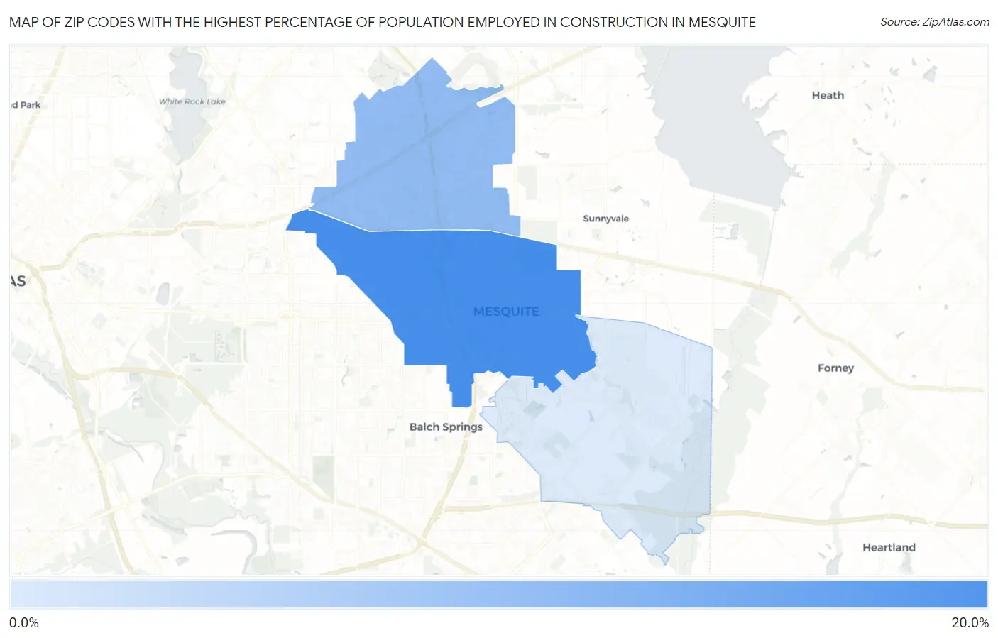 Zip Codes with the Highest Percentage of Population Employed in Construction in Mesquite Map
