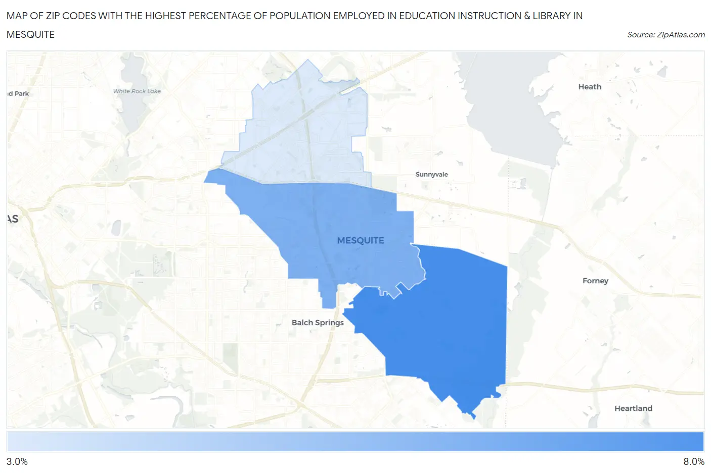Zip Codes with the Highest Percentage of Population Employed in Education Instruction & Library in Mesquite Map