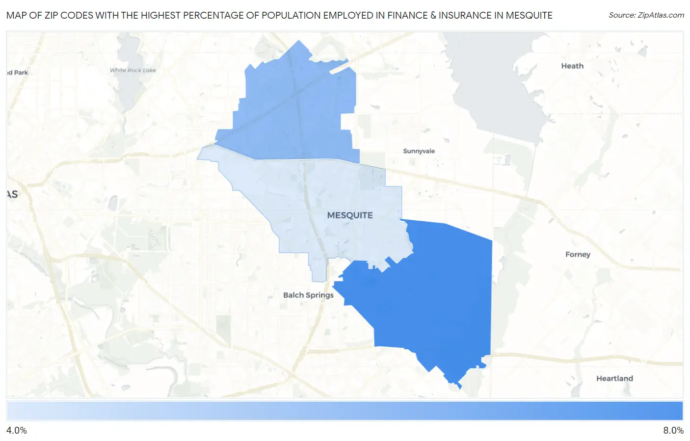 Zip Codes with the Highest Percentage of Population Employed in Finance & Insurance in Mesquite Map