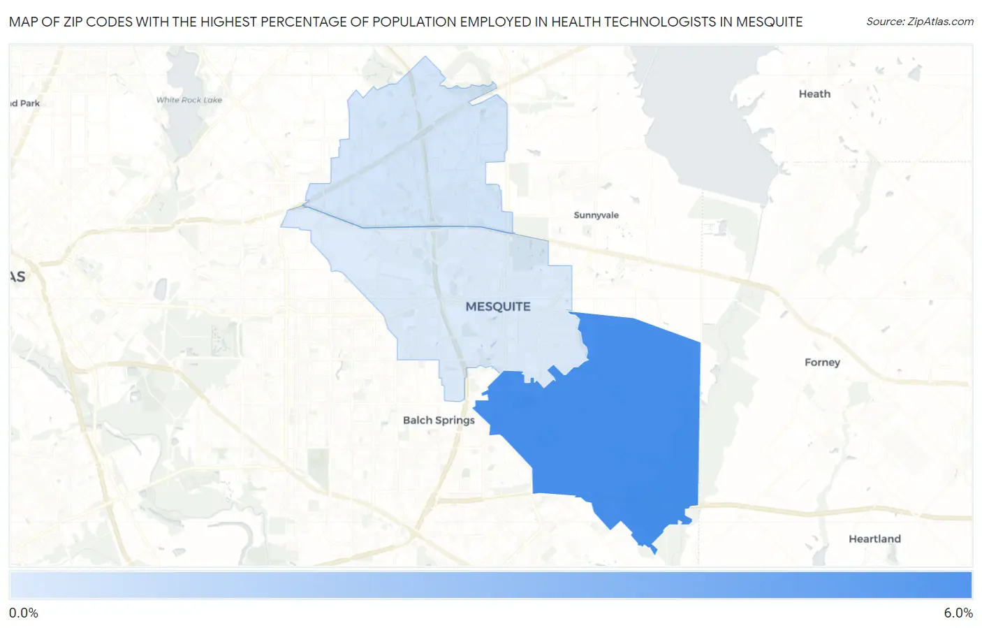 Zip Codes with the Highest Percentage of Population Employed in Health Technologists in Mesquite Map