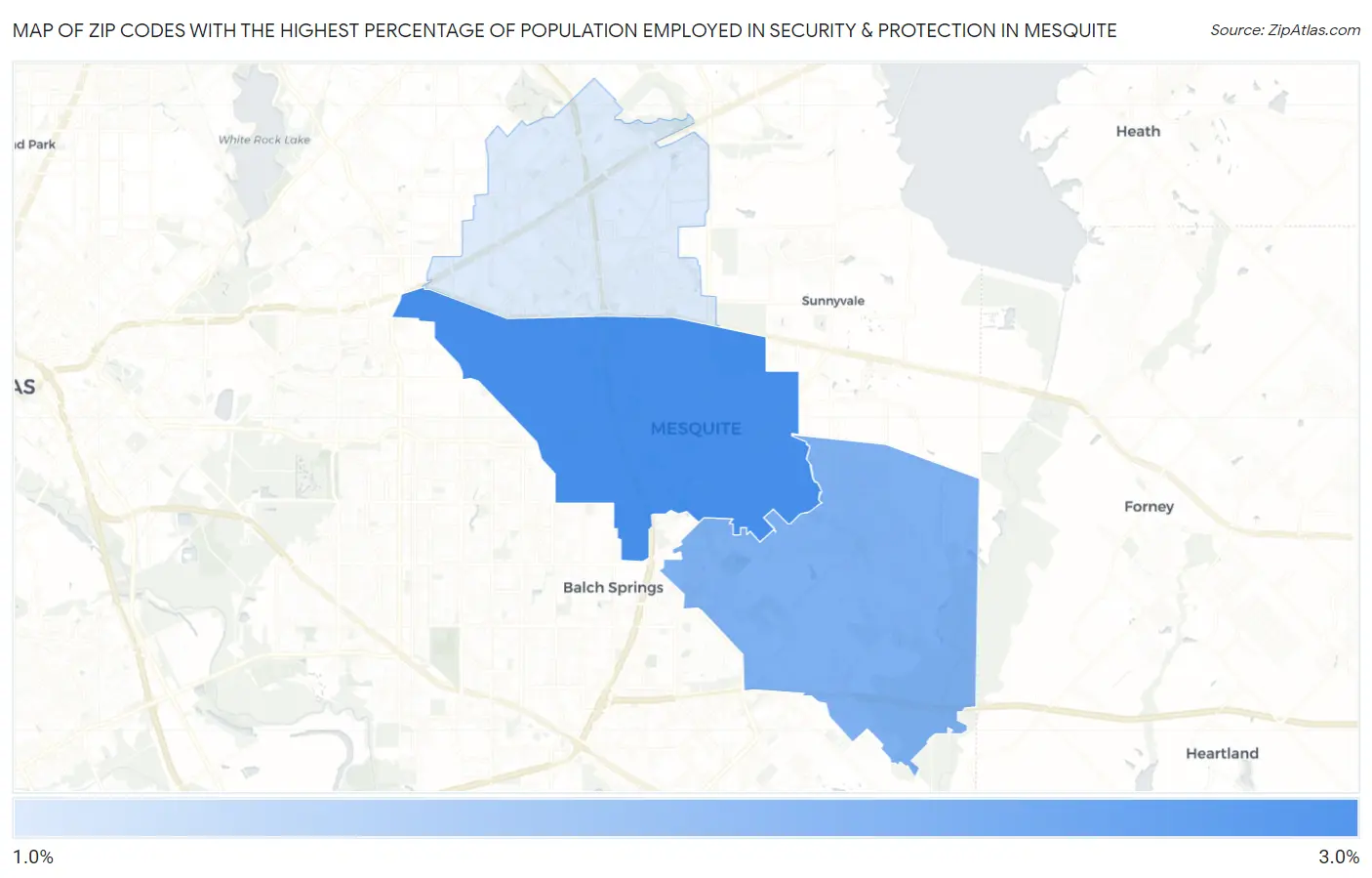Zip Codes with the Highest Percentage of Population Employed in Security & Protection in Mesquite Map