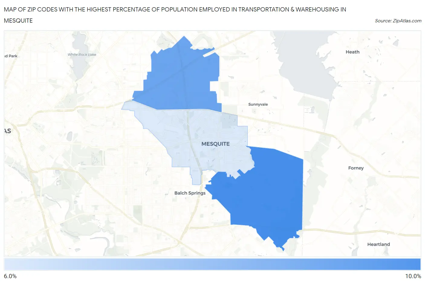 Zip Codes with the Highest Percentage of Population Employed in Transportation & Warehousing in Mesquite Map