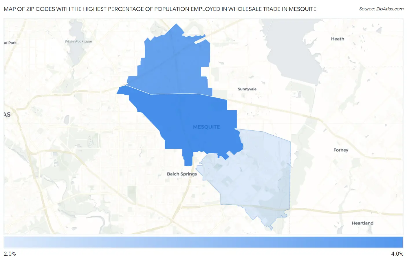 Zip Codes with the Highest Percentage of Population Employed in Wholesale Trade in Mesquite Map