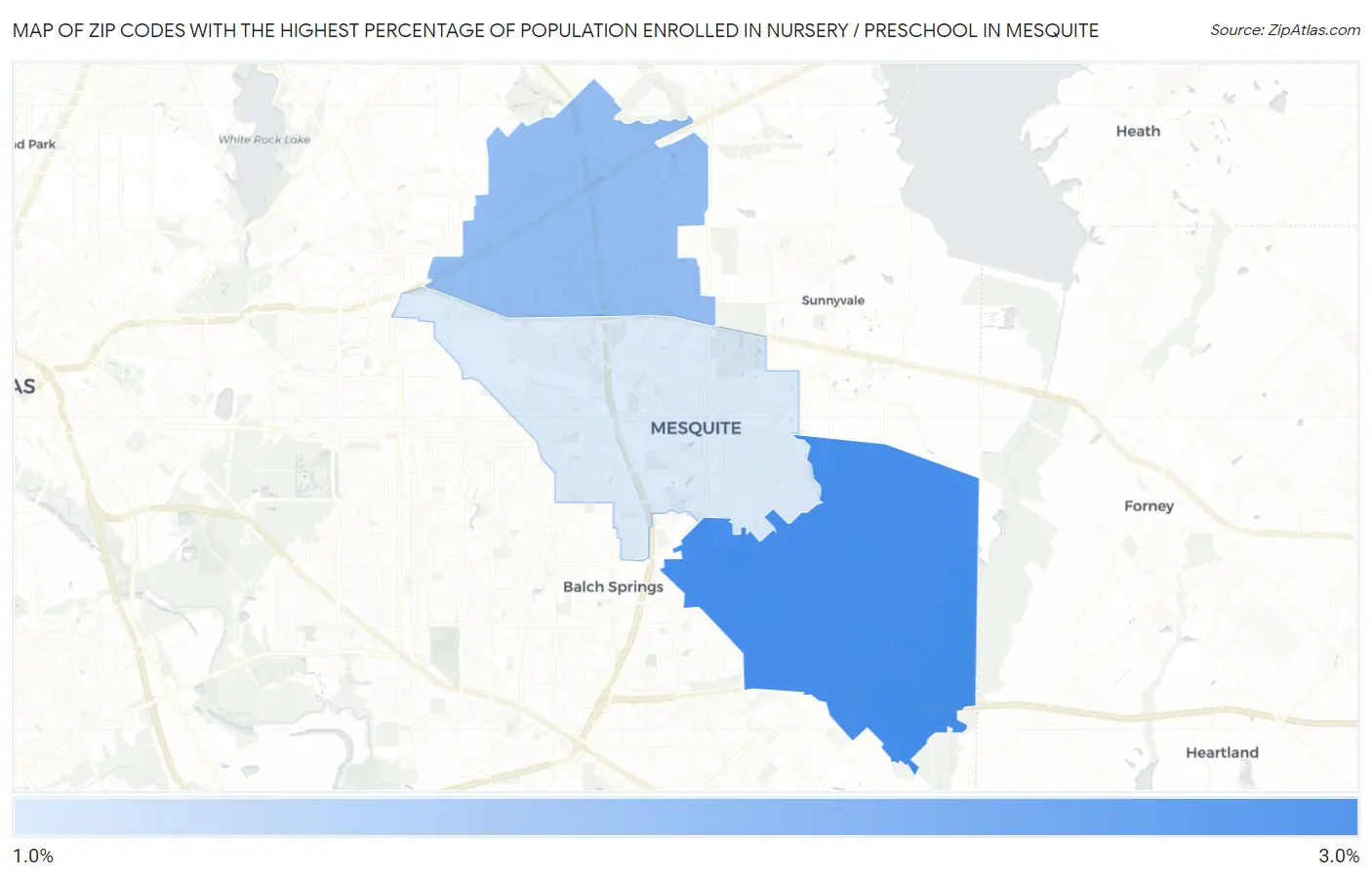 Zip Codes with the Highest Percentage of Population Enrolled in Nursery / Preschool in Mesquite Map