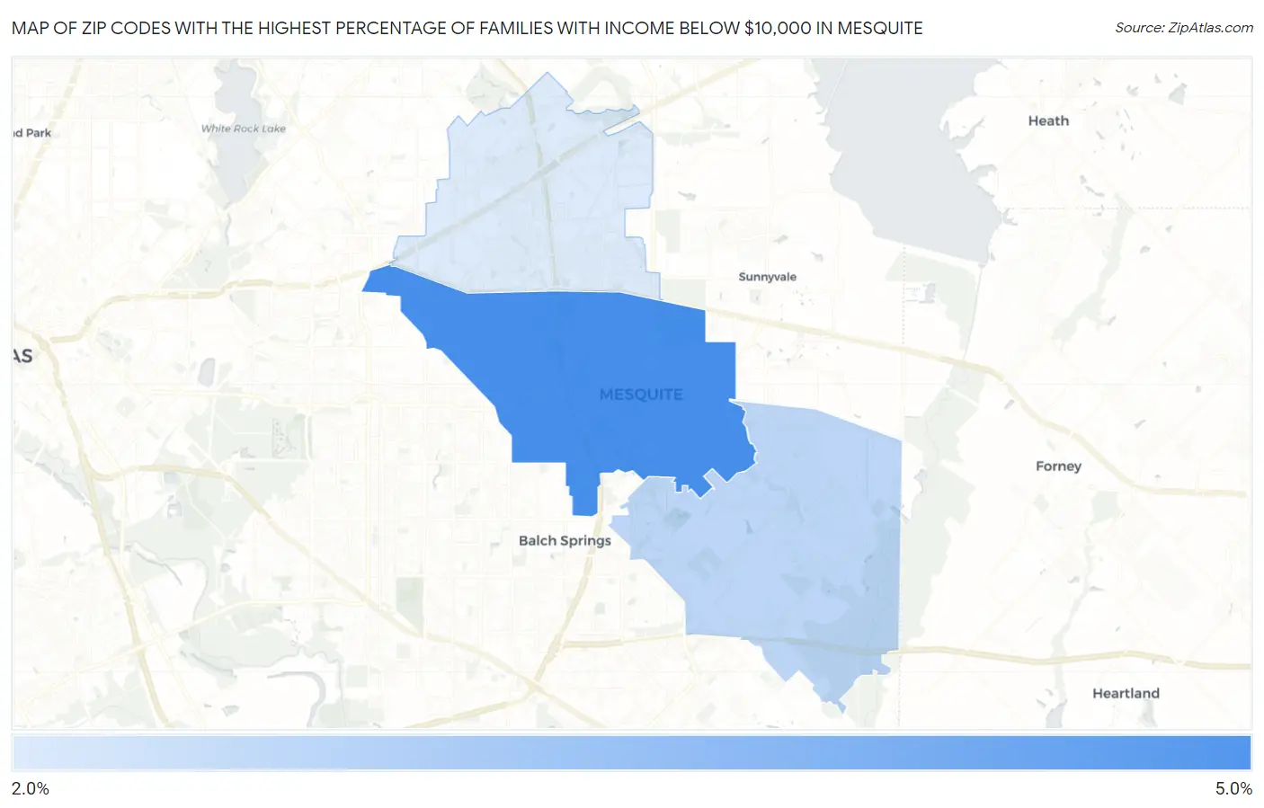 Zip Codes with the Highest Percentage of Families with Income Below $10,000 in Mesquite Map