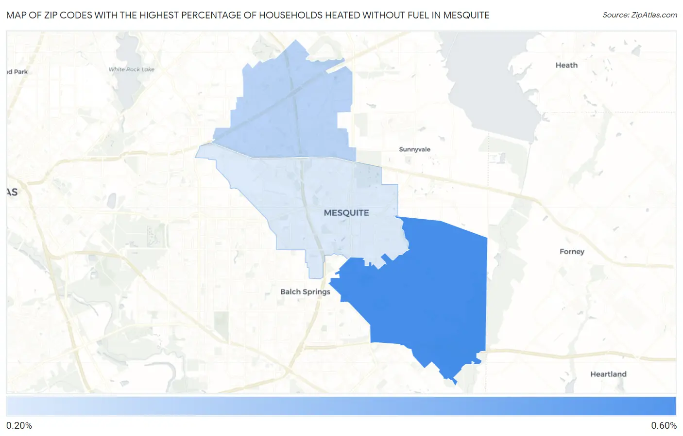 Zip Codes with the Highest Percentage of Households Heated without Fuel in Mesquite Map