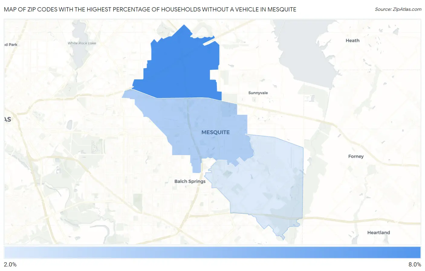 Zip Codes with the Highest Percentage of Households Without a Vehicle in Mesquite Map