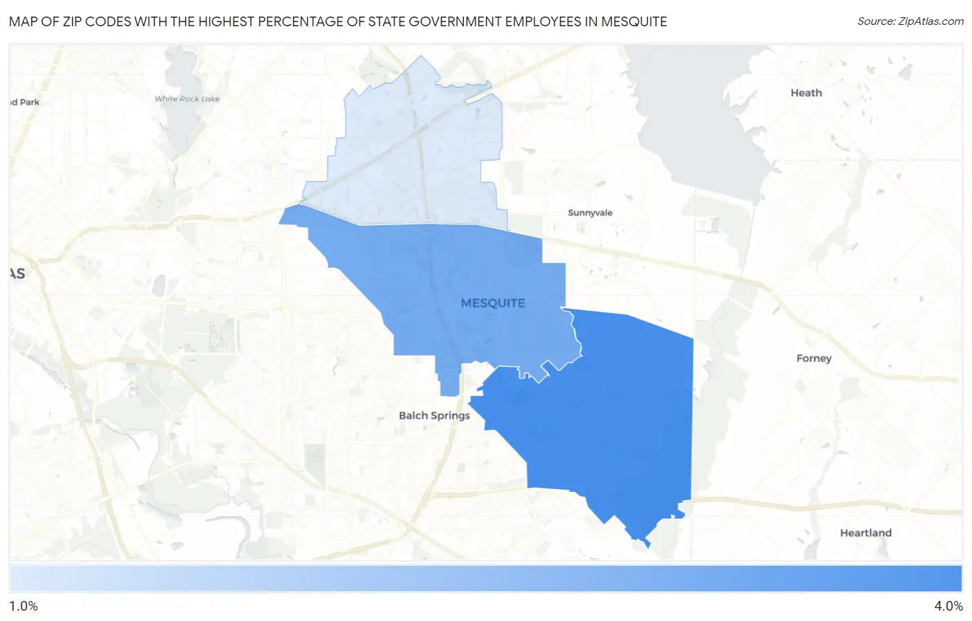 Zip Codes with the Highest Percentage of State Government Employees in Mesquite Map