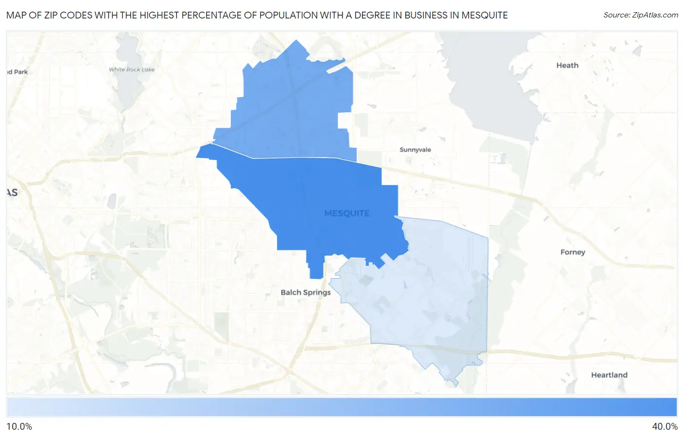 Zip Codes with the Highest Percentage of Population with a Degree in Business in Mesquite Map
