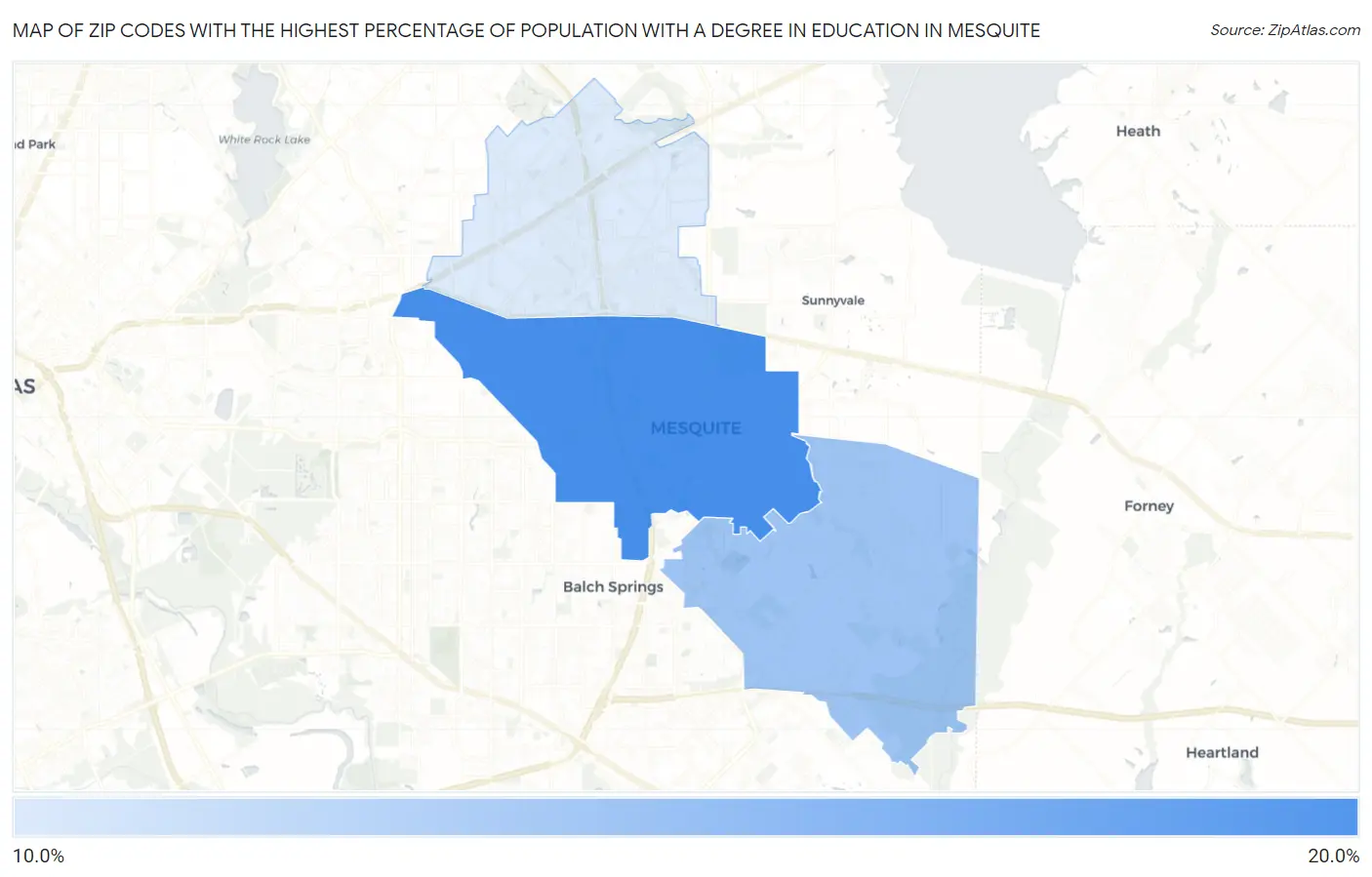 Zip Codes with the Highest Percentage of Population with a Degree in Education in Mesquite Map