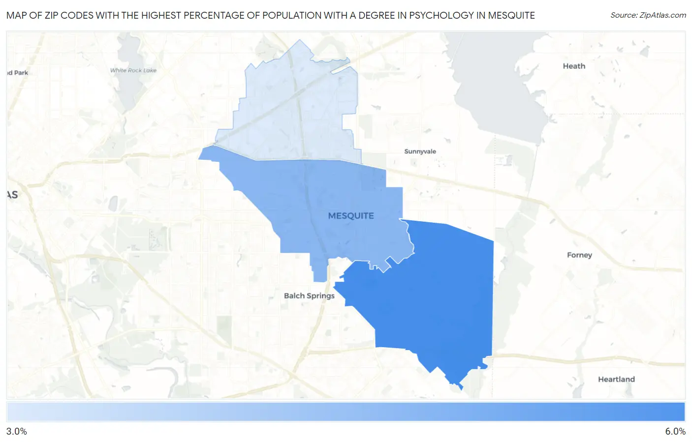Zip Codes with the Highest Percentage of Population with a Degree in Psychology in Mesquite Map