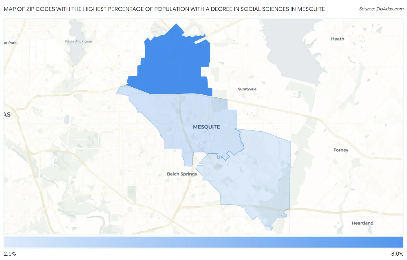 Zip Codes with the Highest Percentage of Population with a Degree in Social Sciences in Mesquite Map