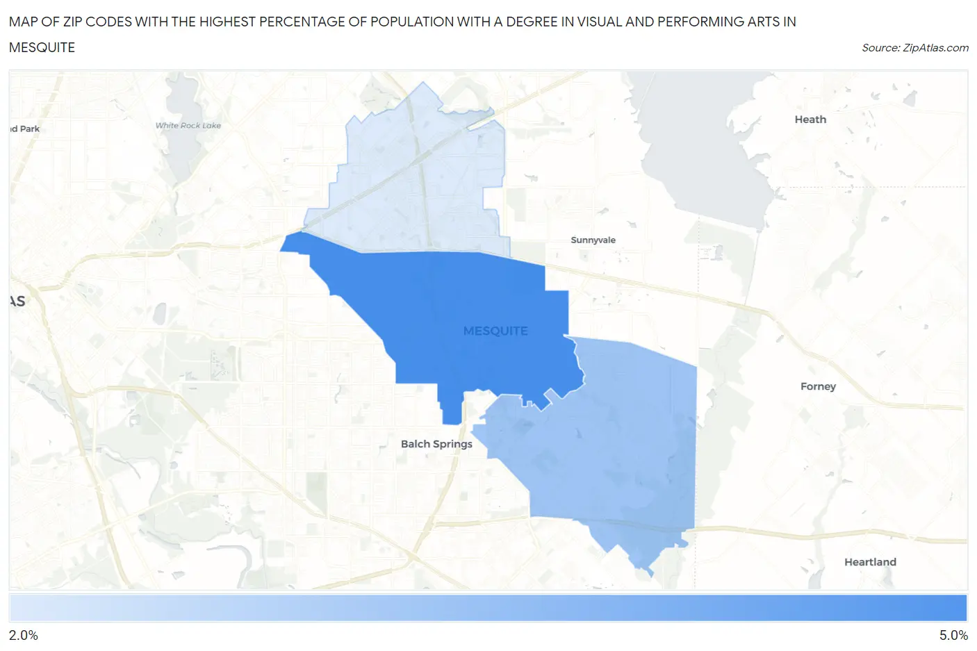 Zip Codes with the Highest Percentage of Population with a Degree in Visual and Performing Arts in Mesquite Map