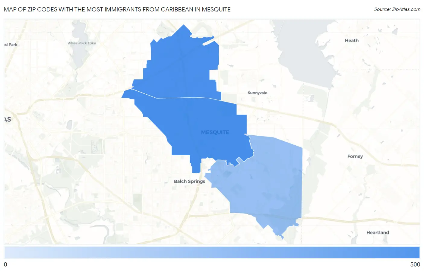 Zip Codes with the Most Immigrants from Caribbean in Mesquite Map