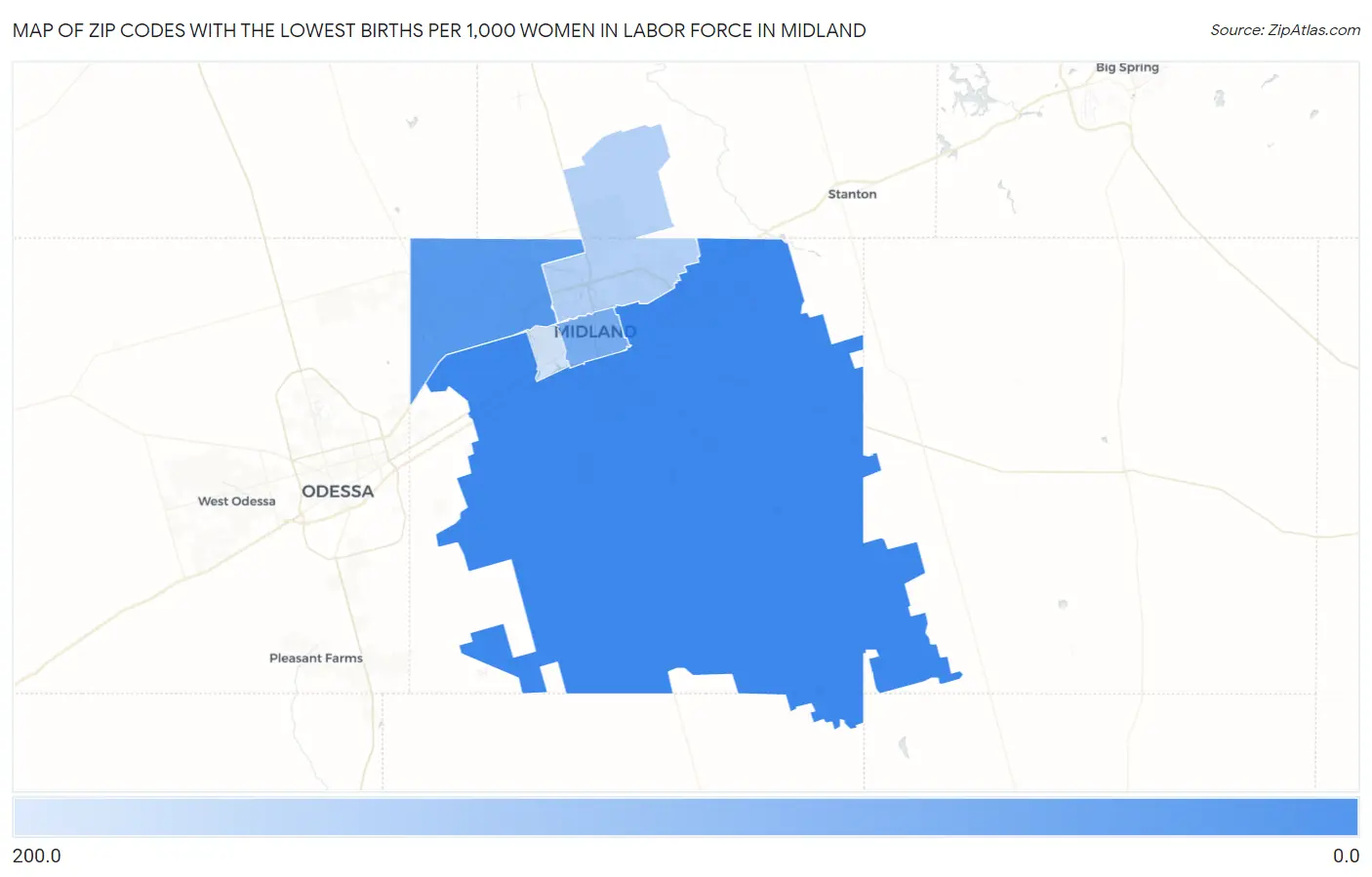Zip Codes with the Lowest Births per 1,000 Women in Labor Force in Midland Map