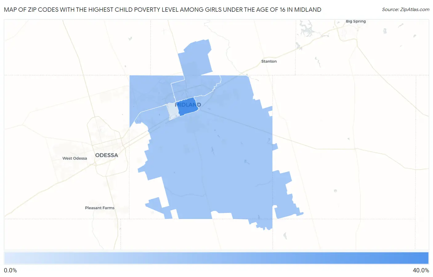 Zip Codes with the Highest Child Poverty Level Among Girls Under the Age of 16 in Midland Map