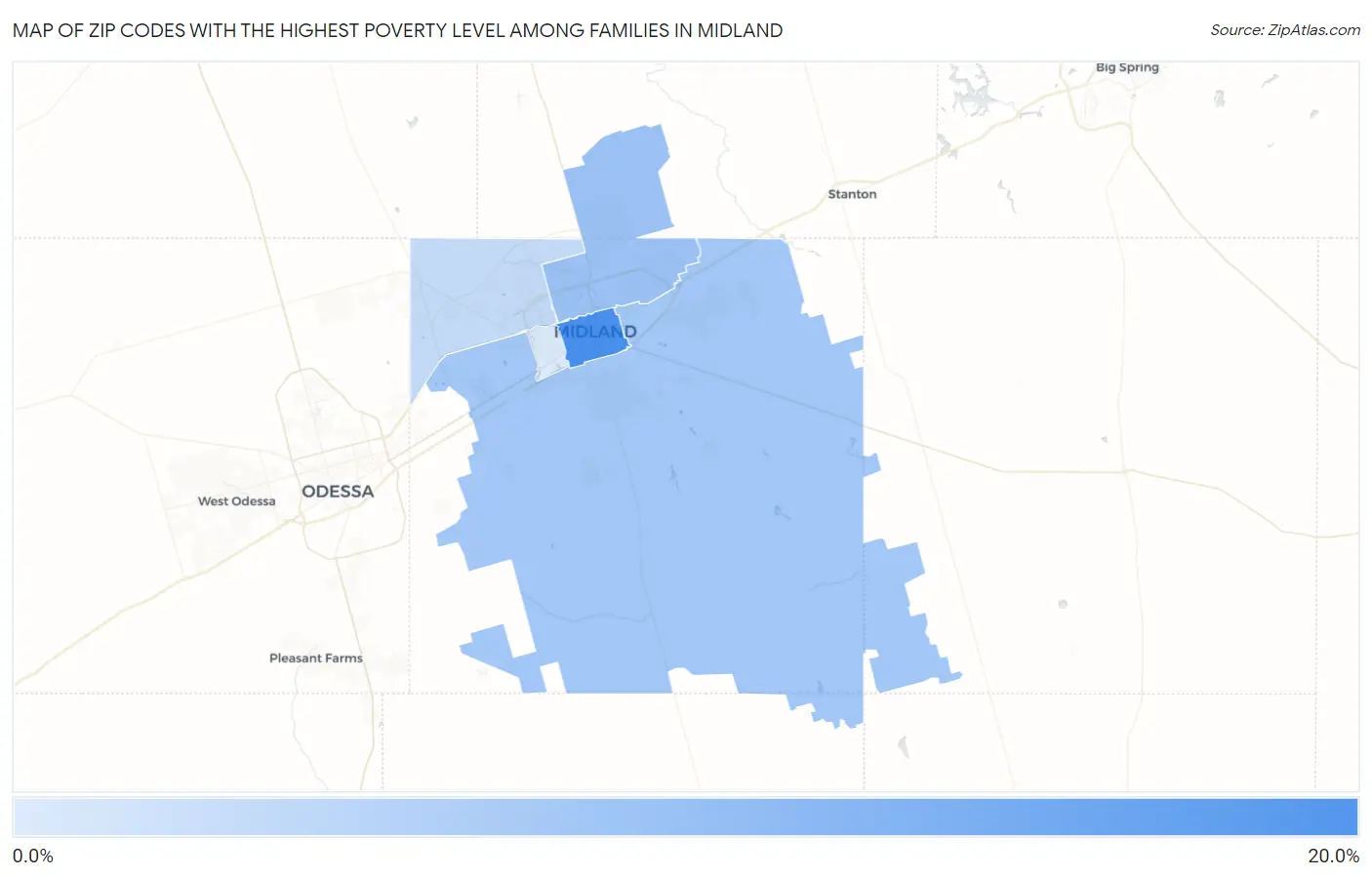 Zip Codes with the Highest Poverty Level Among Families in Midland Map